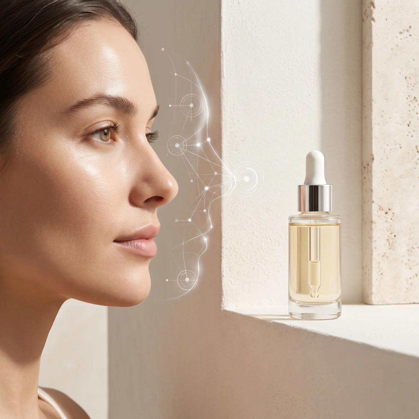Profile of a woman with glowing skin beside a serum bottle, with a soft network of points mapped across her face